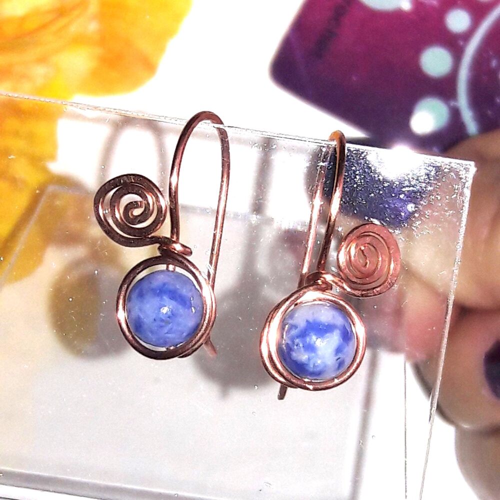Blue Sodalite Copper Hooks Hidden Meaning earrings Unique Shapes , Natural 621■